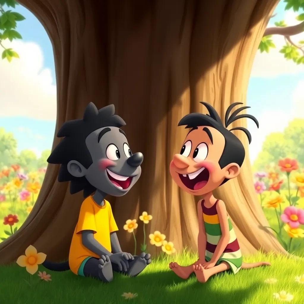 Toto and Zizo laughing and talking under a tree, vibrant flowers in the background, playful expressions, sunny day, illustration, joyful scene, high quality
