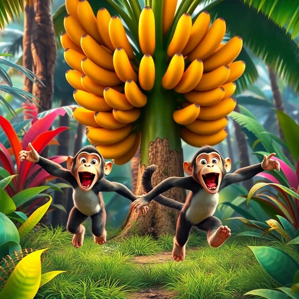Two monkeys excitedly running towards a big banana tree, colorful jungle vegetation around, high energy, digital art, vivid colors, high quality