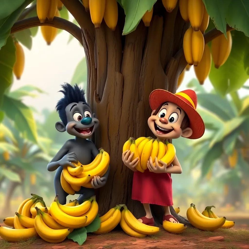 Toto and Zizo collecting bananas from the big tree, filling their arms with ripe bananas, cheerful and lively atmosphere, bright colors, high quality