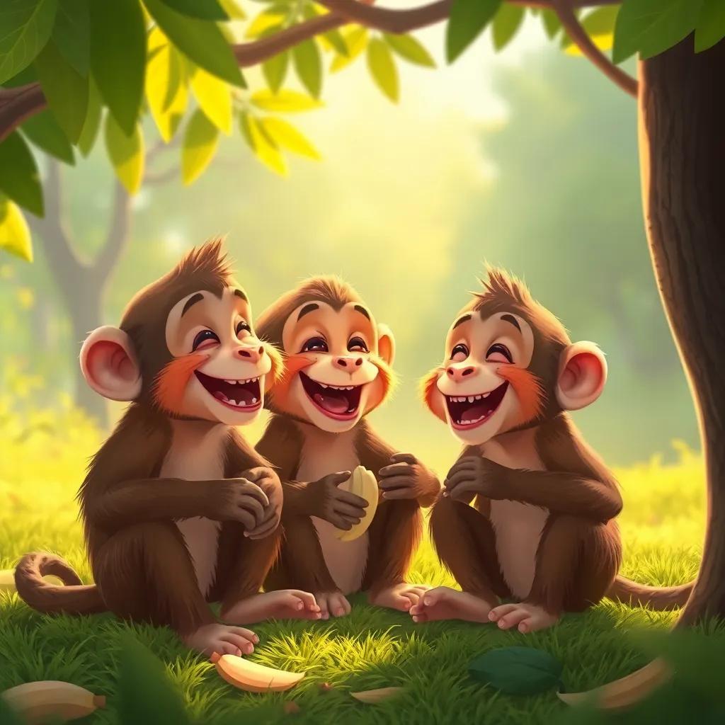 The monkeys laughing and enjoying their bananas under the shadow of a tree, peaceful and warm atmosphere, digital art, cozy feel, high quality