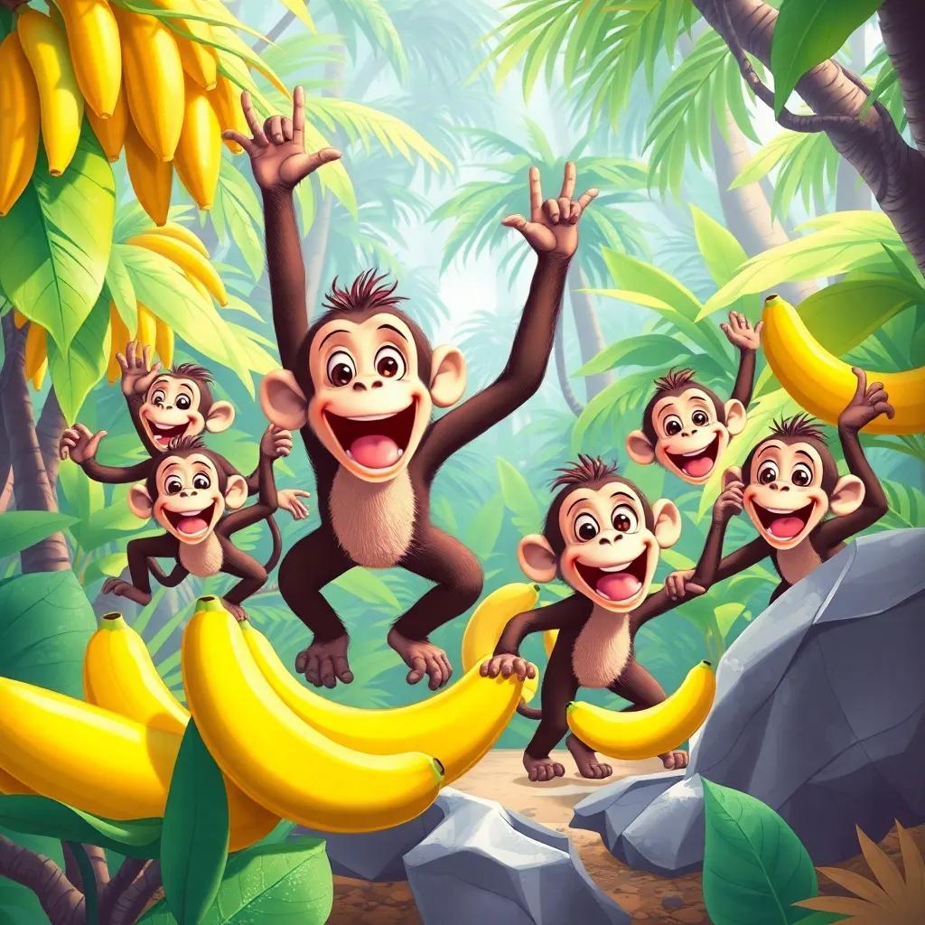 A montage of adventures in the jungle with bananas, joyful monkeys, roaming freely, bright and colorful in the background, illustration, high quality
