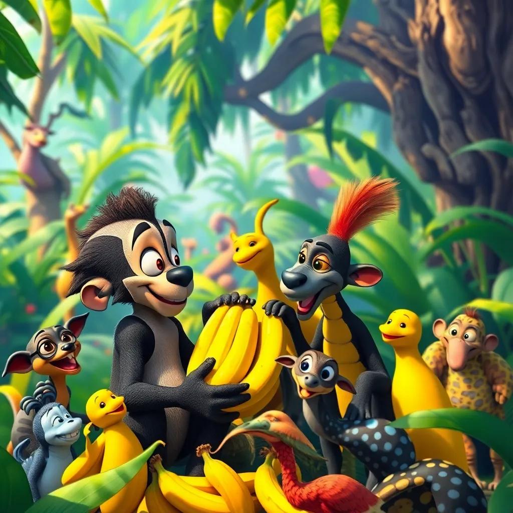 Toto and Zizo sharing bananas with friends, the jungle bustling with life and laughter, bright colors, heartwarming scene, highly detailed, high quality