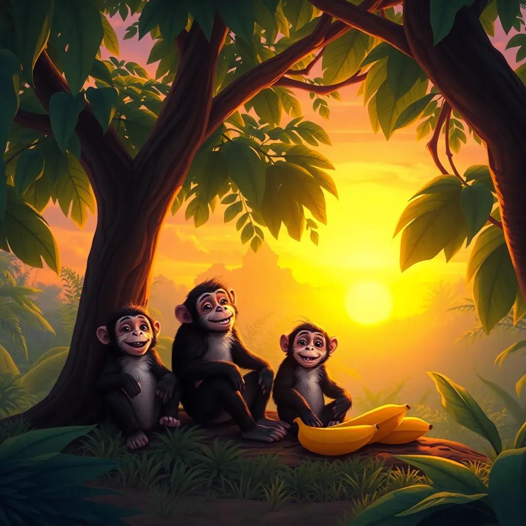 A beautiful sunset in the jungle, with monkeys resting happily under a tree, bananas beside them, peaceful and delightful ambiance, digital painting, artsy feel, high quality