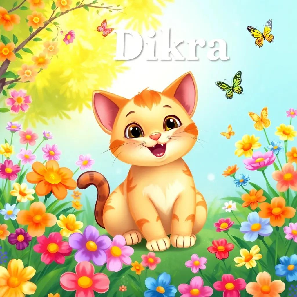 A small cat named Dhikra playing in a beautiful garden full of colorful flowers and butterflies, smiling and looking joyful, cartoon style, bright colors, cheerful atmosphere, high quality