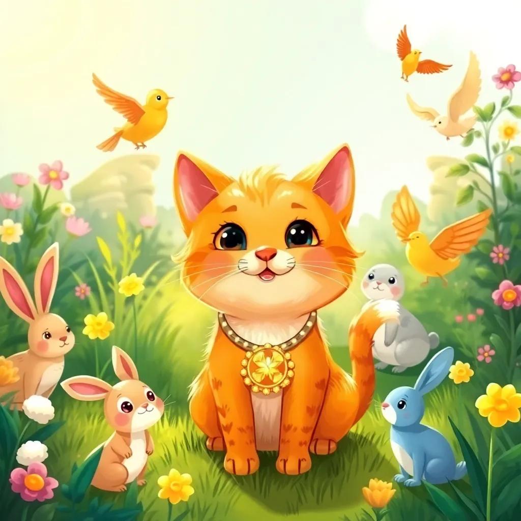 Dhikra, the small cat, wearing a shiny golden necklace in the garden, surrounded by amazed friends such as rabbits and birds, bright sunlight shining, whimsical style, vibrant colors, joyful scene, high quality