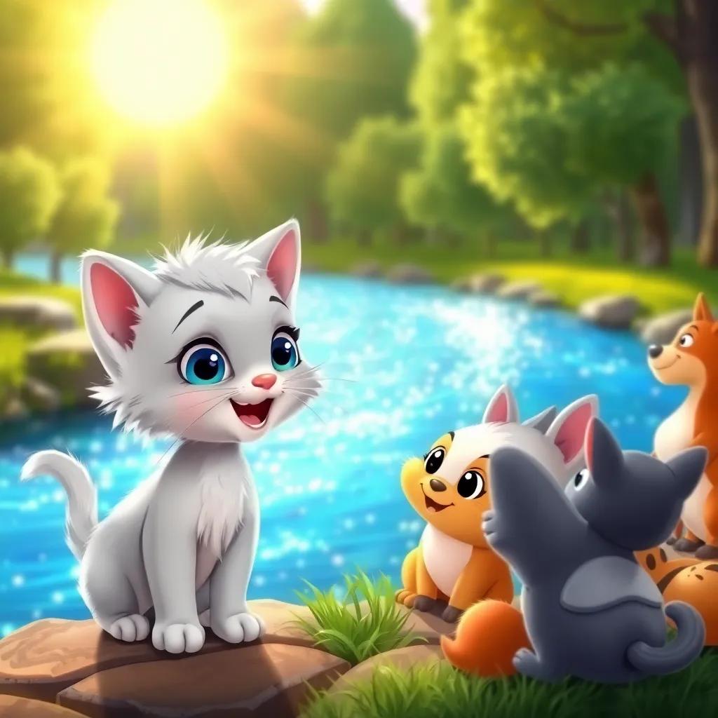 A small light gray kitten named Mimy, with big blue eyes, excitedly talking to a group of animal friends by a shimmering river under a bright sun, colorful, cheerful atmosphere, illustration, child-friendly.