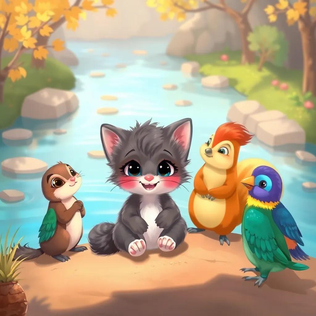 Mimy the kitten sitting with her friends, including a little brown squirrel and a few colorful birds, around the river discussing how to save water, warm colors, friendly gathering, delightful scene, illustration.