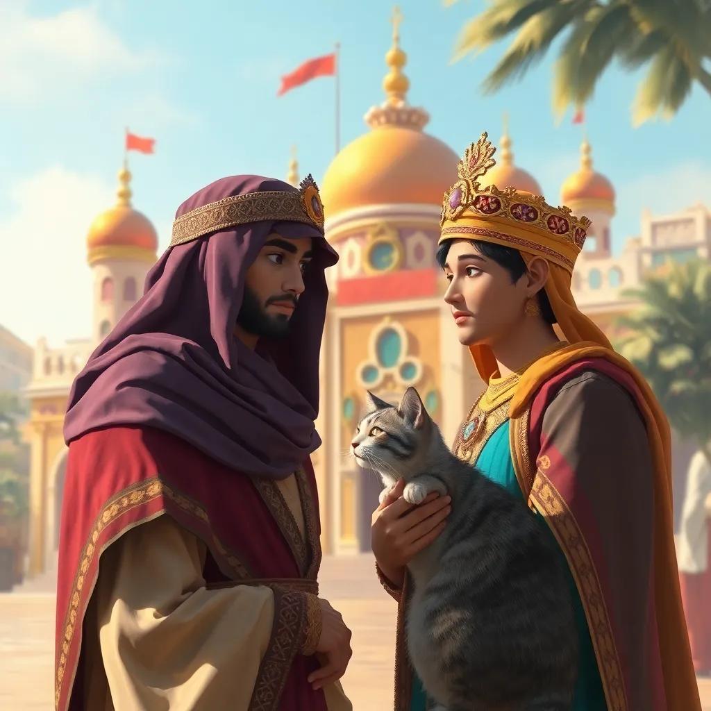 A brave young man, Qutz, asking King Al-Saleh Ayoub about a cat, with a colorful royal palace in the background, digital art, light and warm atmosphere, cheerful colors, high quality