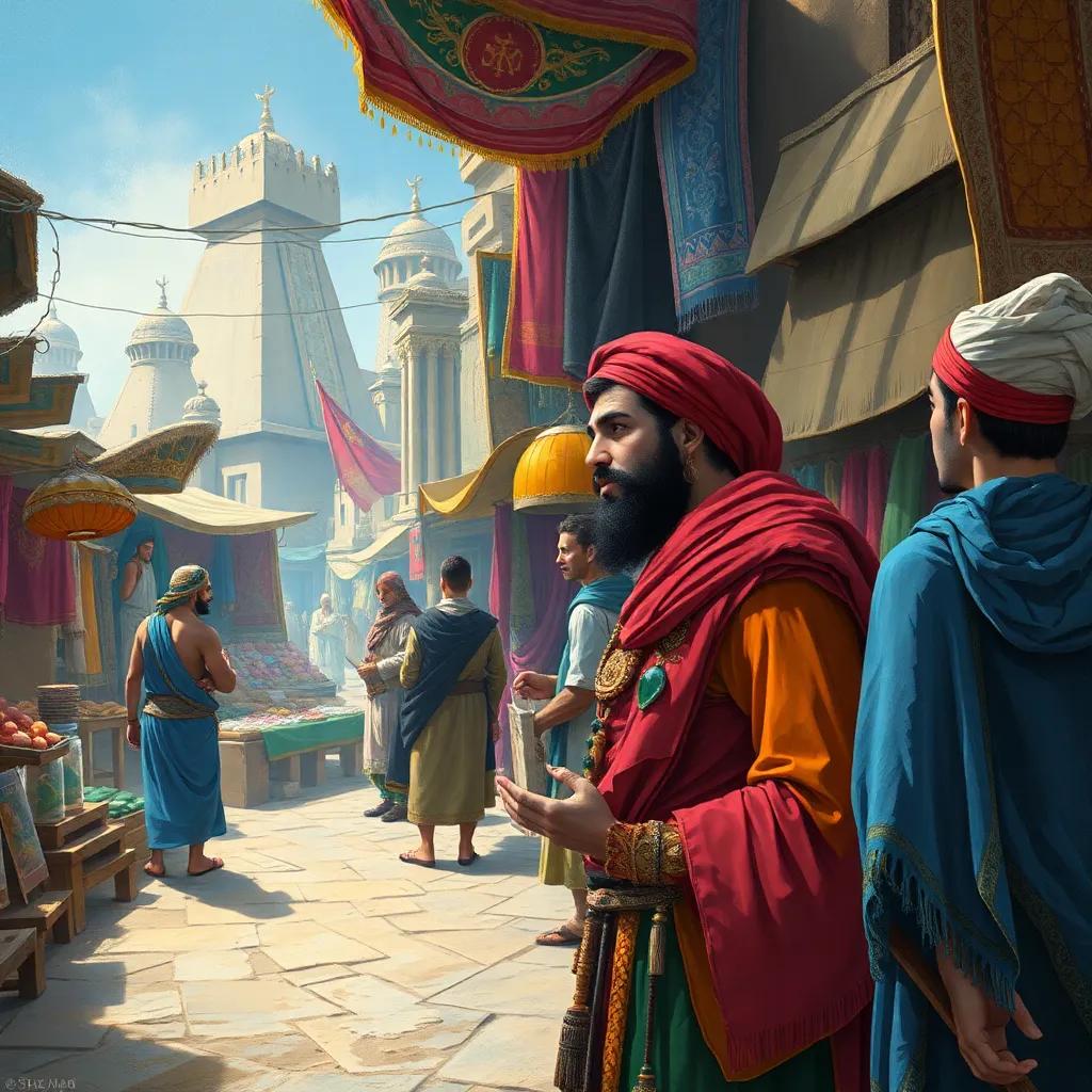 Qutz searching for his beloved Janar in a vibrant marketplace in Egypt, filled with stalls and colorful fabrics, with his friend Baybars talking to him, detailed illustration, lively scene, engaging perspective, high quality