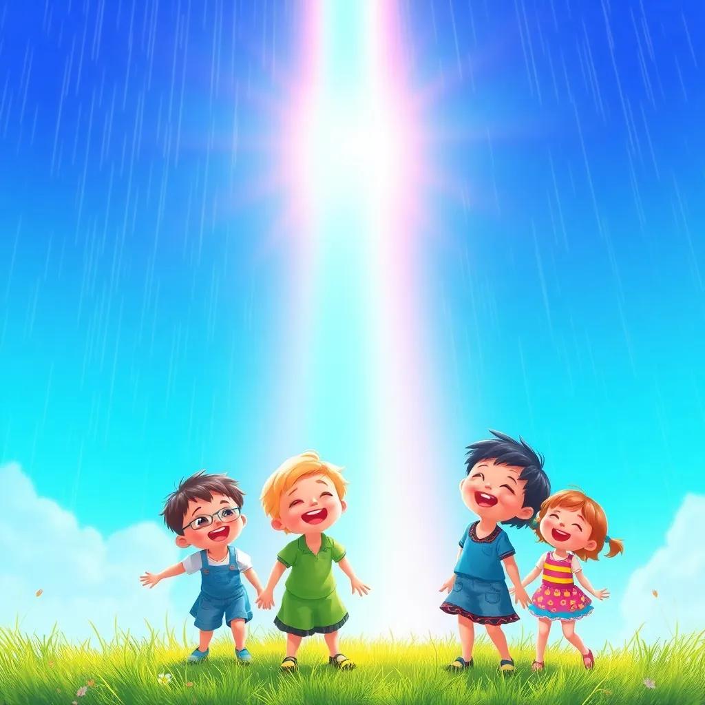 A bright rainbow appearing in a beautiful blue sky after rain, children laughing and playing under it, digital art, vibrant colors, joyful atmosphere, high quality