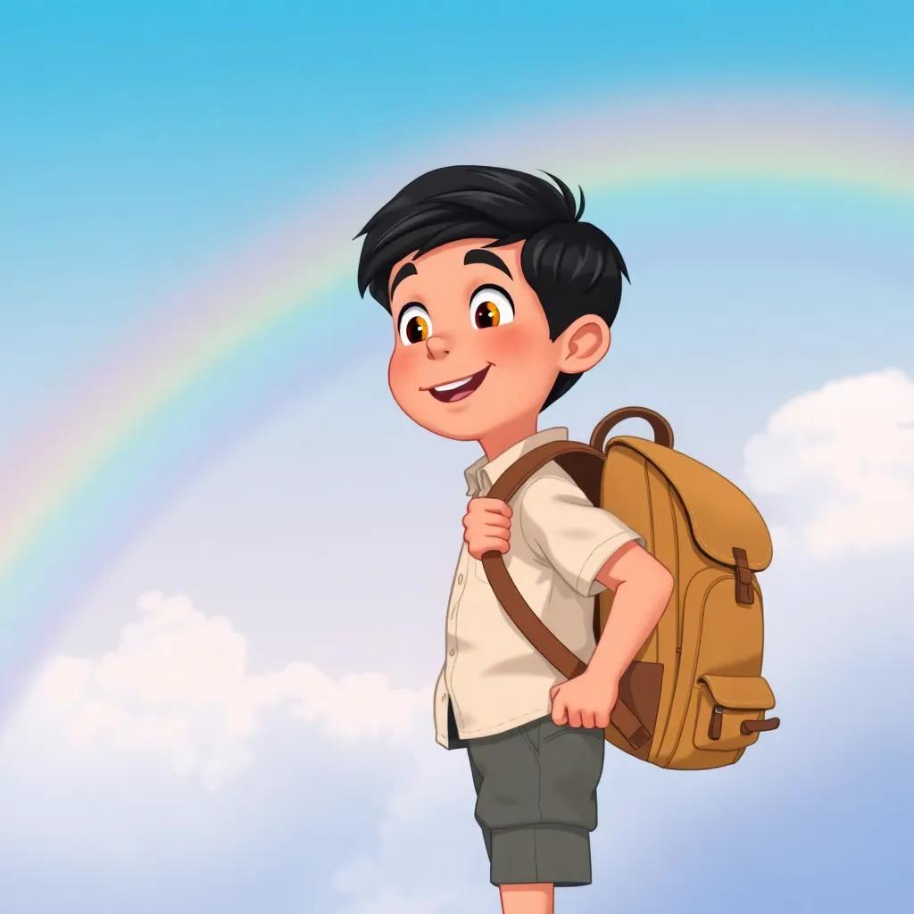 A curious young boy named Qasim with dark hair, dressed in a light shirt and shorts, packing his backpack excitedly to follow the rainbow, illustration, cheerful, adventurous theme, high quality