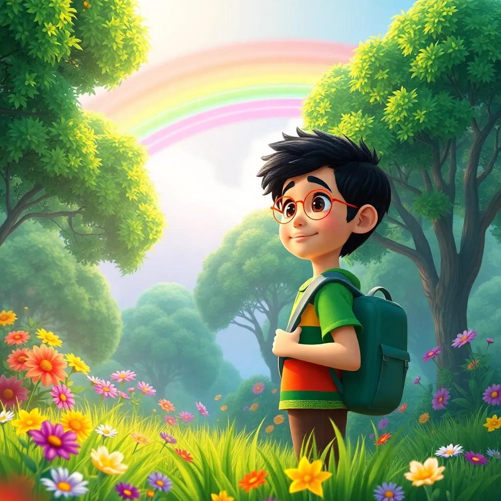 Qasim exploring a vibrant world with green trees and colorful flowers under the rainbow, digital art, magical atmosphere, inviting colors, high quality