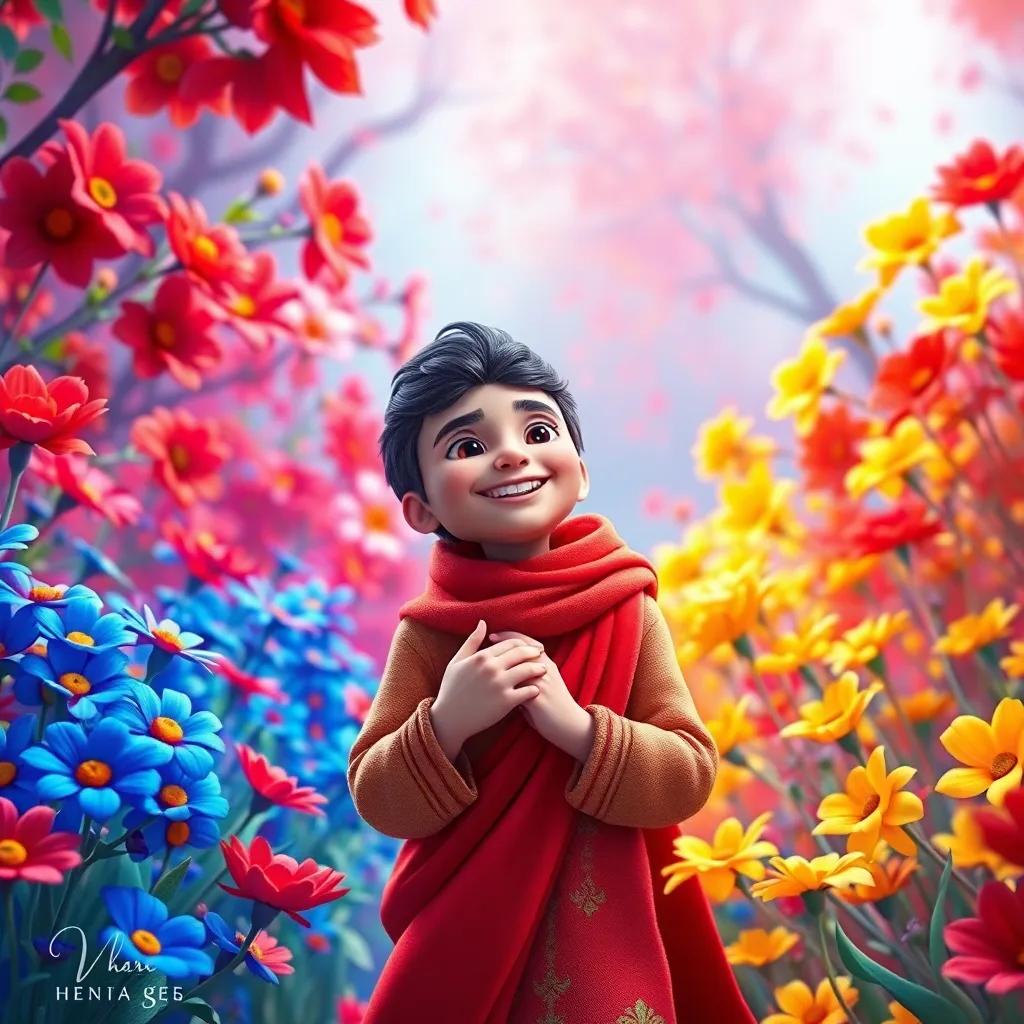 The magical Kingdom of Colors filled with bright flowers of red, blue, and yellow, Qasim holding his favorite colors, digital painting, bright and enchanting, high quality