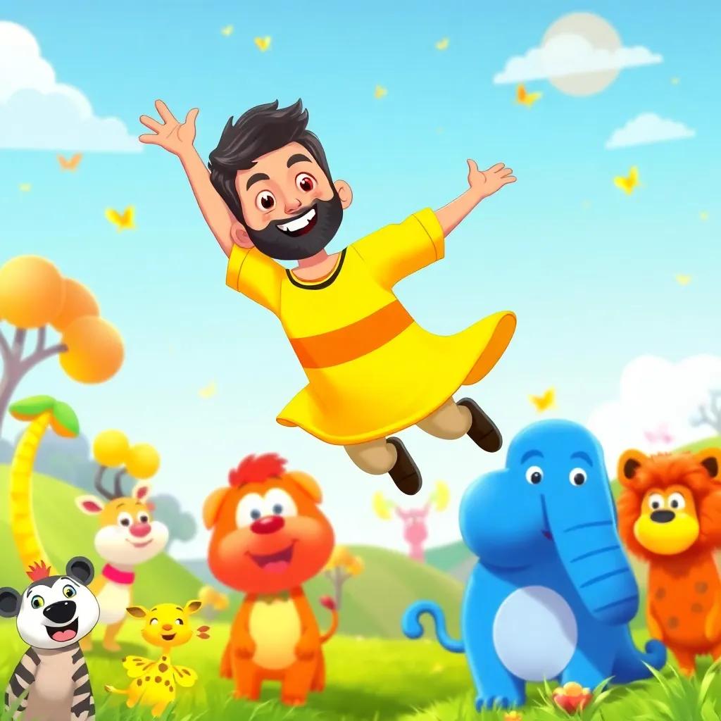 Qasim flying joyfully with the colors, surrounded by friendly cartoon animals in a colorful landscape, cheerful and whimsical, high quality