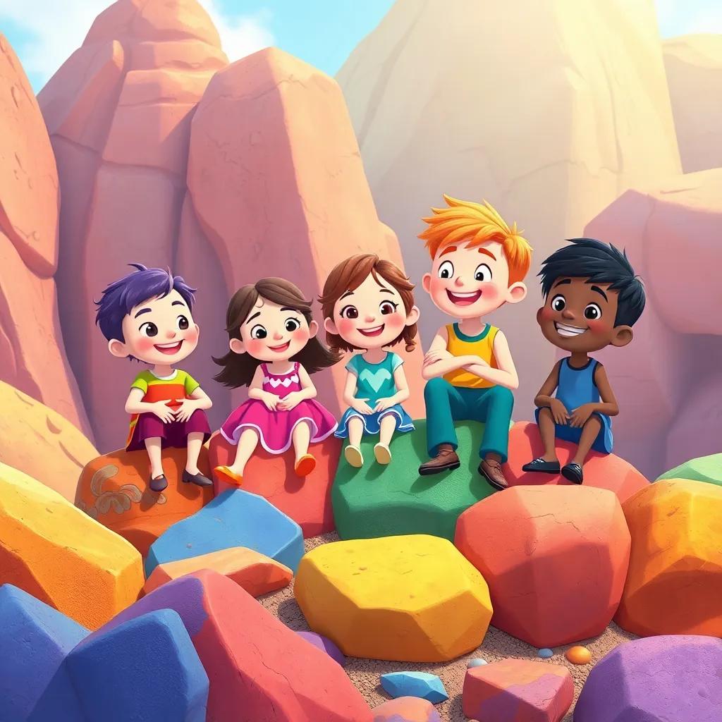 A happy group of friends in the Kingdom of Colors, sitting on colorful rocks and exploring the beauty around them, illustration, fun and heartwarming, high quality