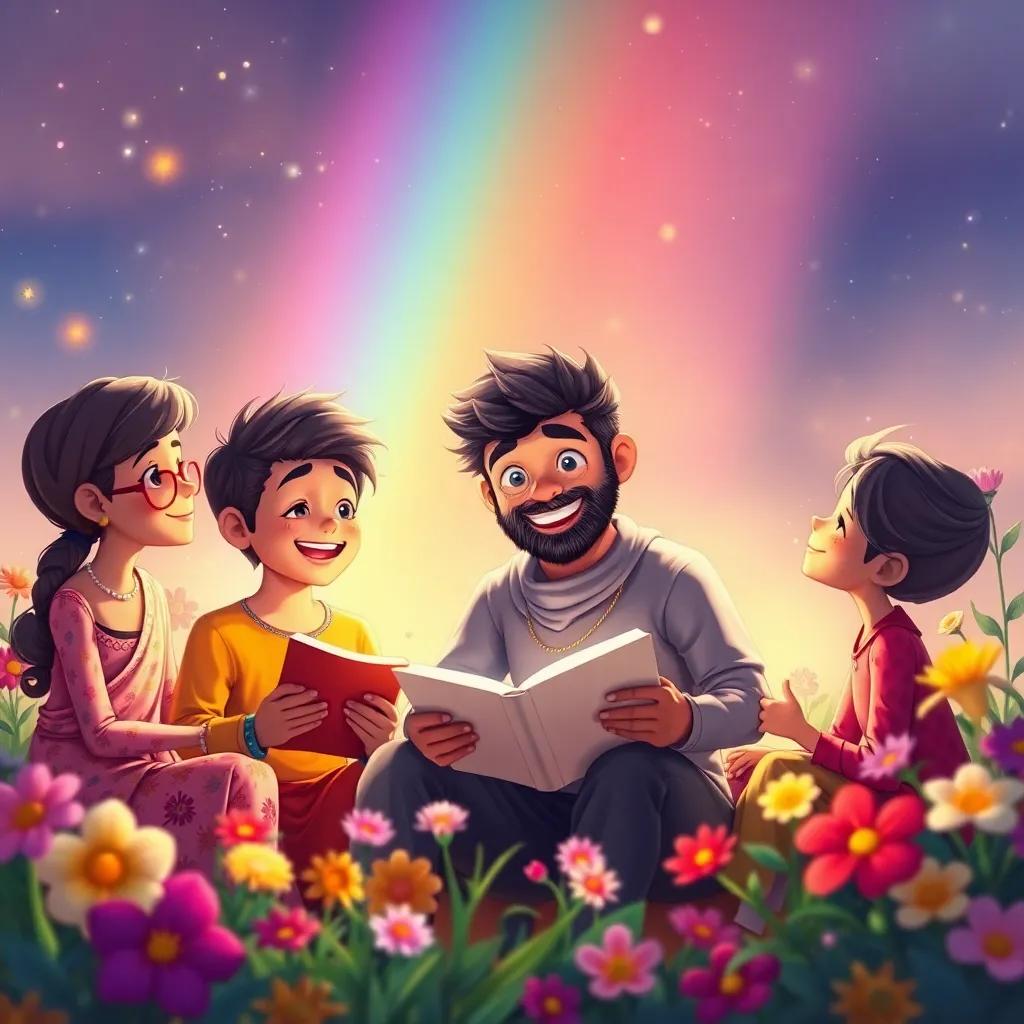 Qasim with his friends sharing stories of friendship and love under the rainbow, surrounded by colorful flowers, digital art, warm light, magical bonding moment, high quality