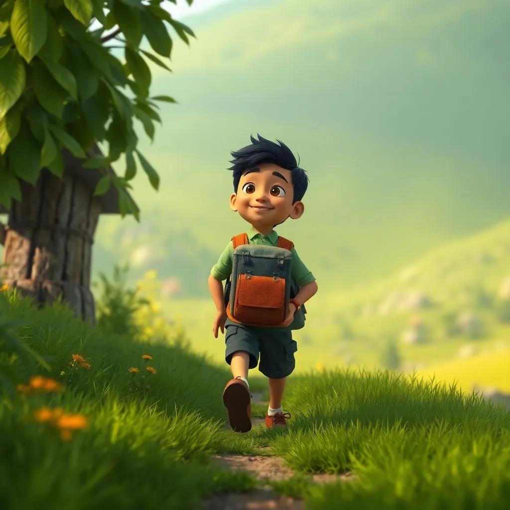 Qasim returning home with memories of his adventures in the Kingdom of Colors, walking through a lush green landscape, digital art, nostalgic and warm, high quality