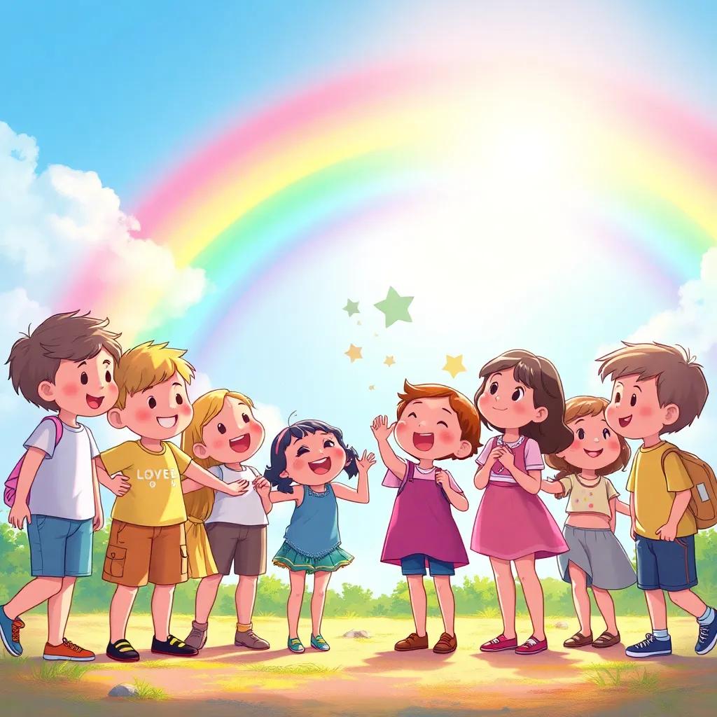 A beautiful rainbow reflecting love and friendship among children celebrating under it, illustration, bright and colorful, joyful atmosphere, high quality