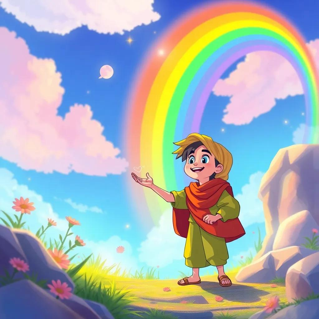 The story of Qasim and the Rainbow is a new adventure waiting to unfold, with children playing and dreaming, digital art, inspiring colors, high quality