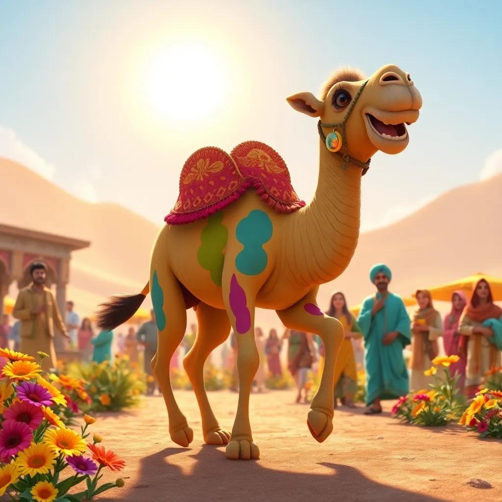 A colorful camel named Qaws dancing joyfully under the sun, surrounded by vibrant flowers and locals watching in amazement, digital art, cheerful, bright colors, warm light, inviting atmosphere, high quality
