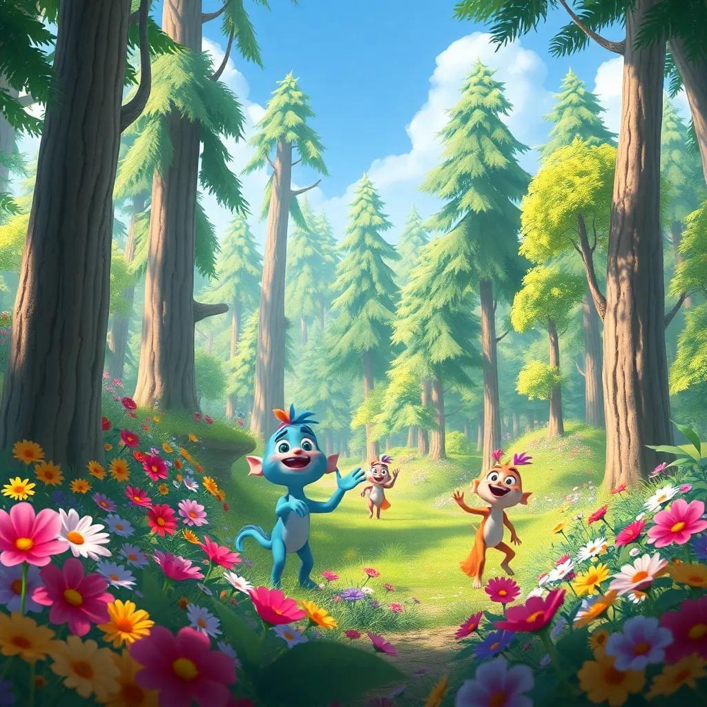 A bustling forest filled with tall trees and colorful flowers, showing Qaws and his friends excitedly exploring, digital painting, whimsical, enchanting, bright colors, joyful scenery, high quality