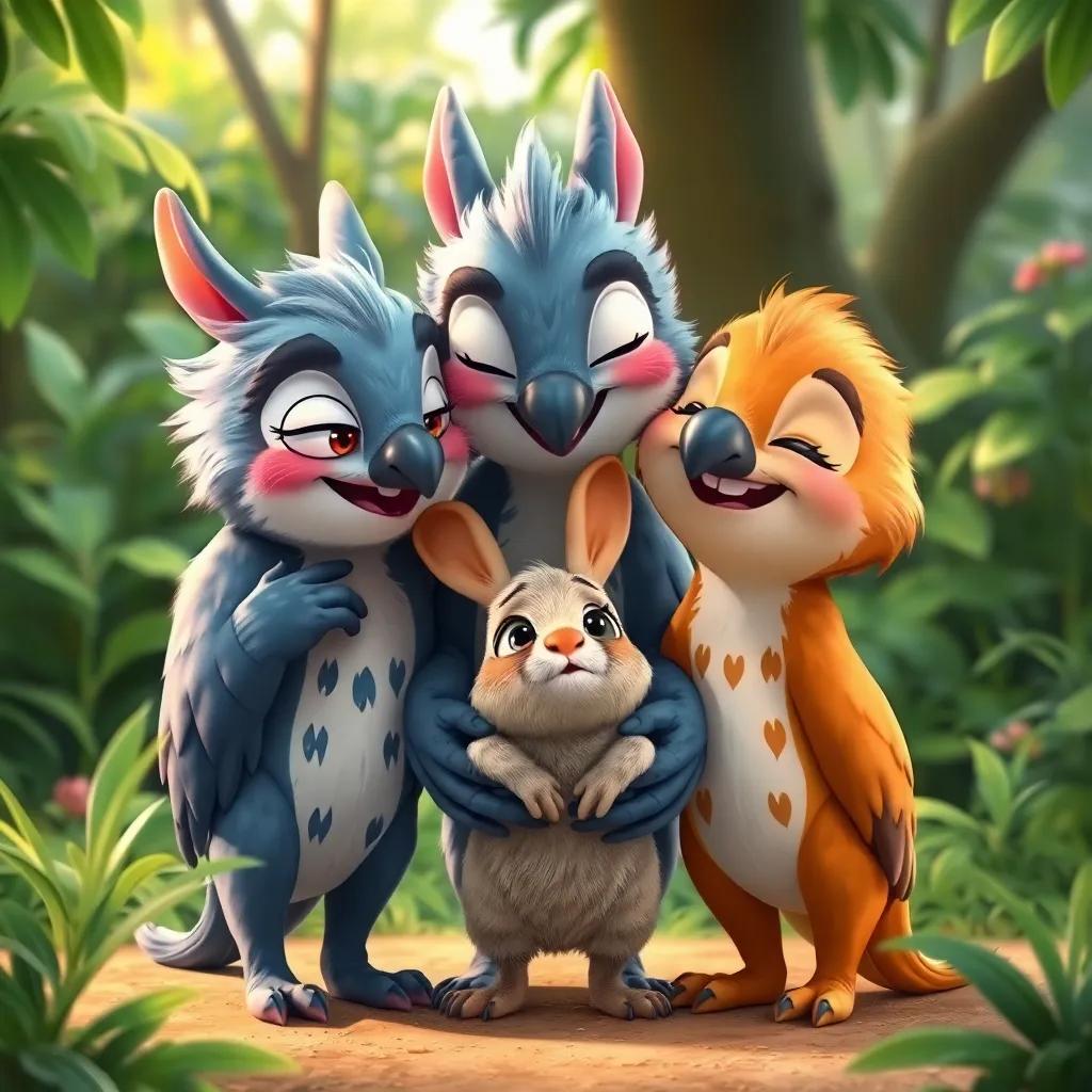 Qaws comforting the frightened rabbit, all three animals standing together, with supportive smiles, surrounded by lush greenery, illustration, warm, friendly vibe, high quality