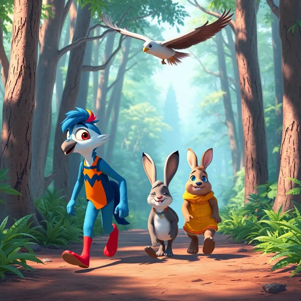 A group of friends walking together in the forest, with Qaws leading the way, the rabbit following closely, and a bird flying overhead, cheerful colors, exciting atmosphere, high quality