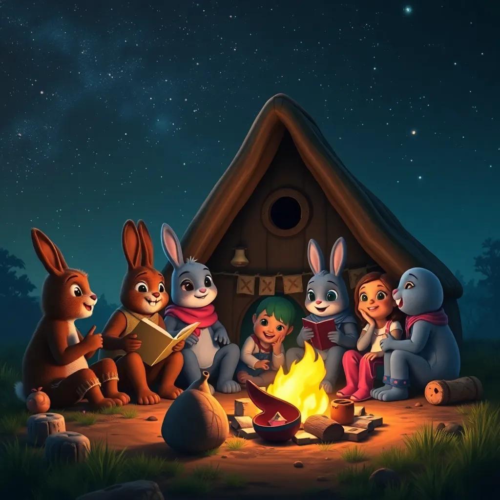 Qaws and friends sitting around the rabbit’s home, sharing stories and laughter, under a starry night, with a cozy campfire in front of them, warm light, inviting ambiance, high quality