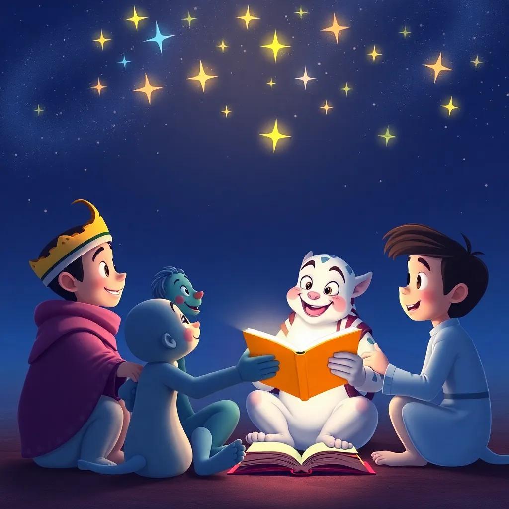 Qaws telling a magical story, with his friends listening happily, surrounded by twinkling stars overhead, illustration, imaginative, enchanting, bright colors, high quality