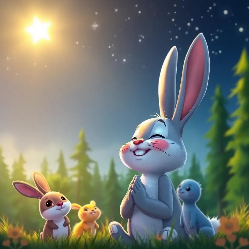 The bunny feeling grateful and smiling at his friends, under the starlit sky, with the forest in the background, colorful, warm light, uplifting scene, high quality