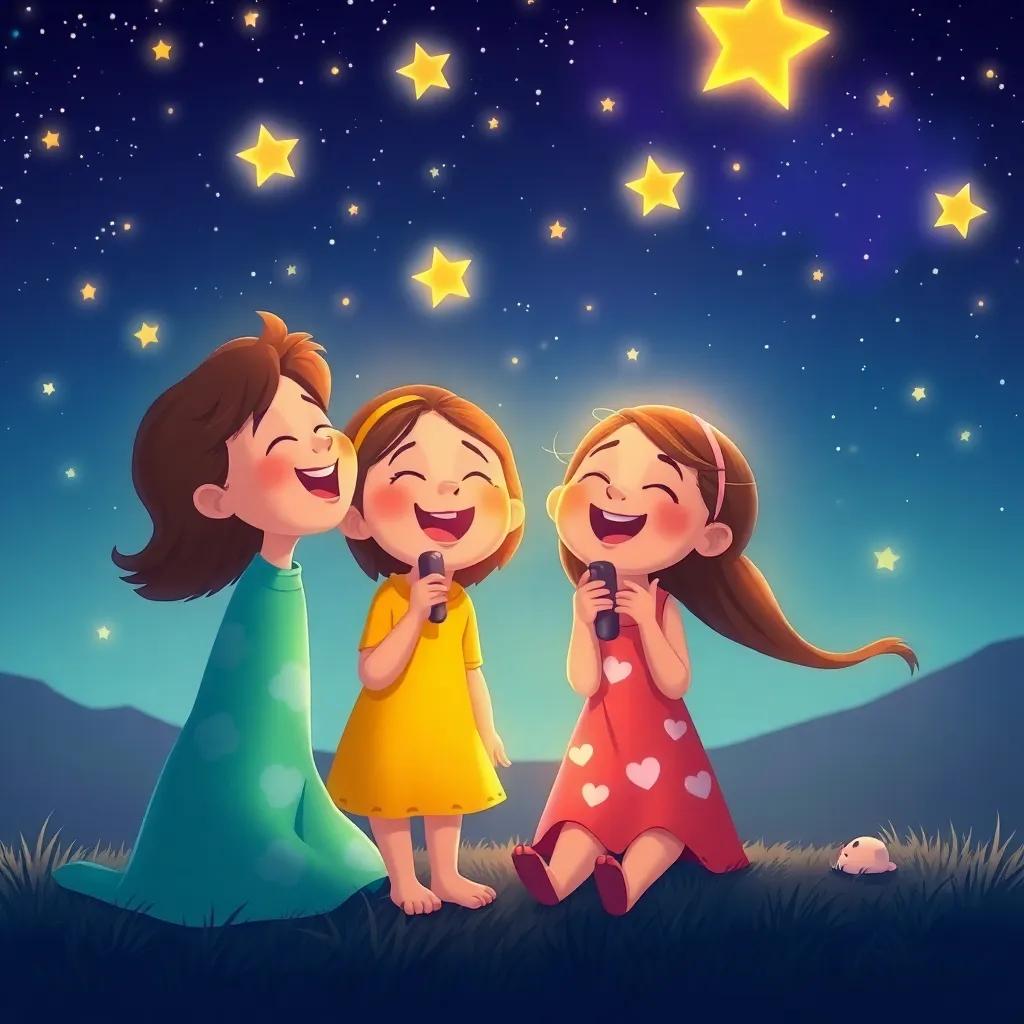 The friends singing together joyfully under the shining stars, with a serene background of the peaceful night, digital art, vibrant colors, heartwarming atmosphere, high quality