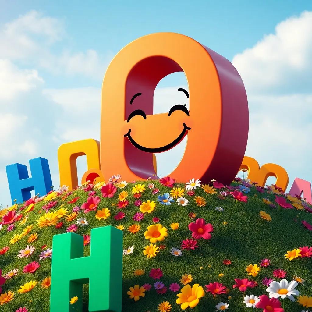 A large letter ق with a big smile, sitting on a hill covered with flowers, surrounded by other letters, digital art, colorful, cheerful atmosphere, high quality