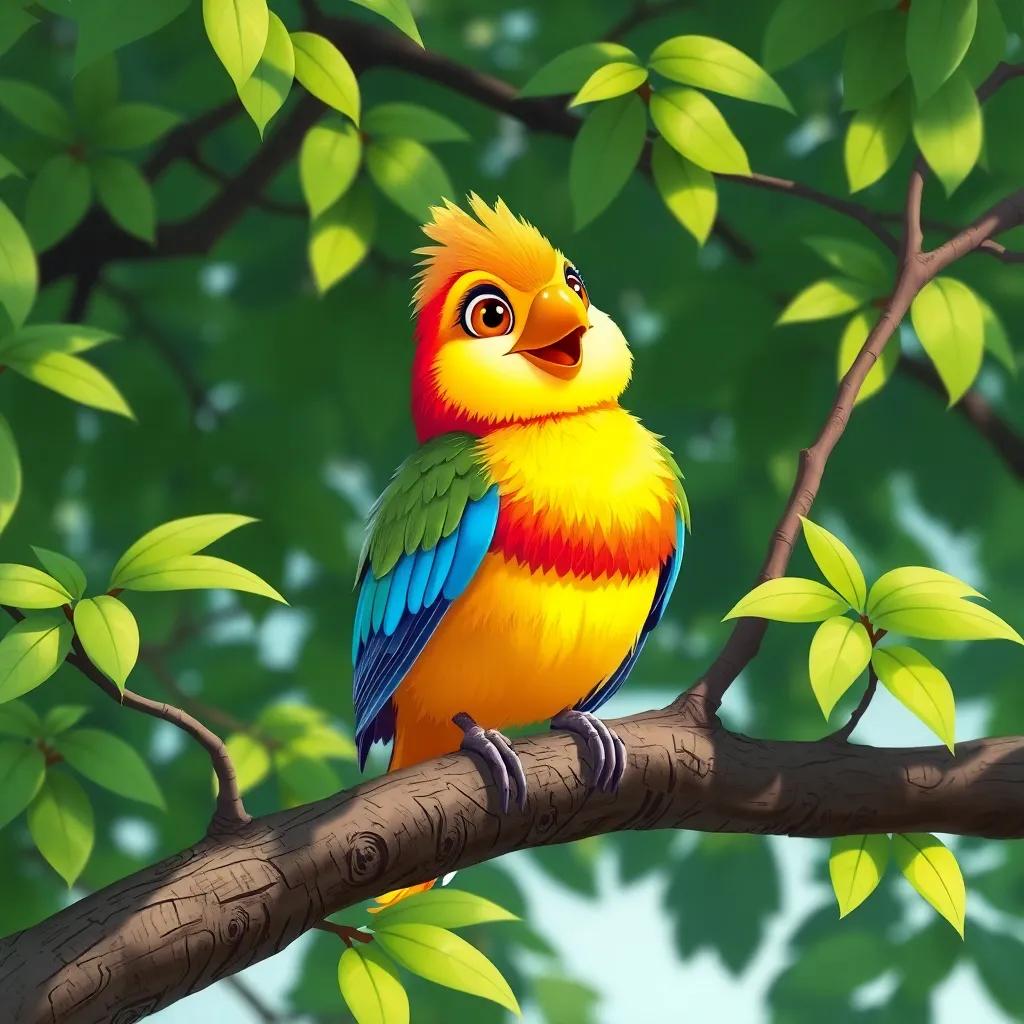 A beautiful bird perched on a tree branch, looking friendly and inviting, with vibrant feathers, surrounded by green leaves, illustration, bright and lively, cheerful