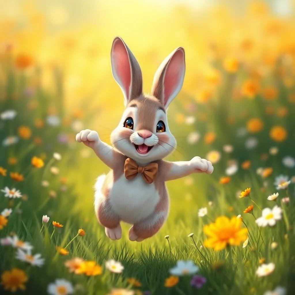 A playful rabbit hopping happily in a sunlit meadow full of flowers, wearing a small bow tie, digital painting, warm colors, inviting scene