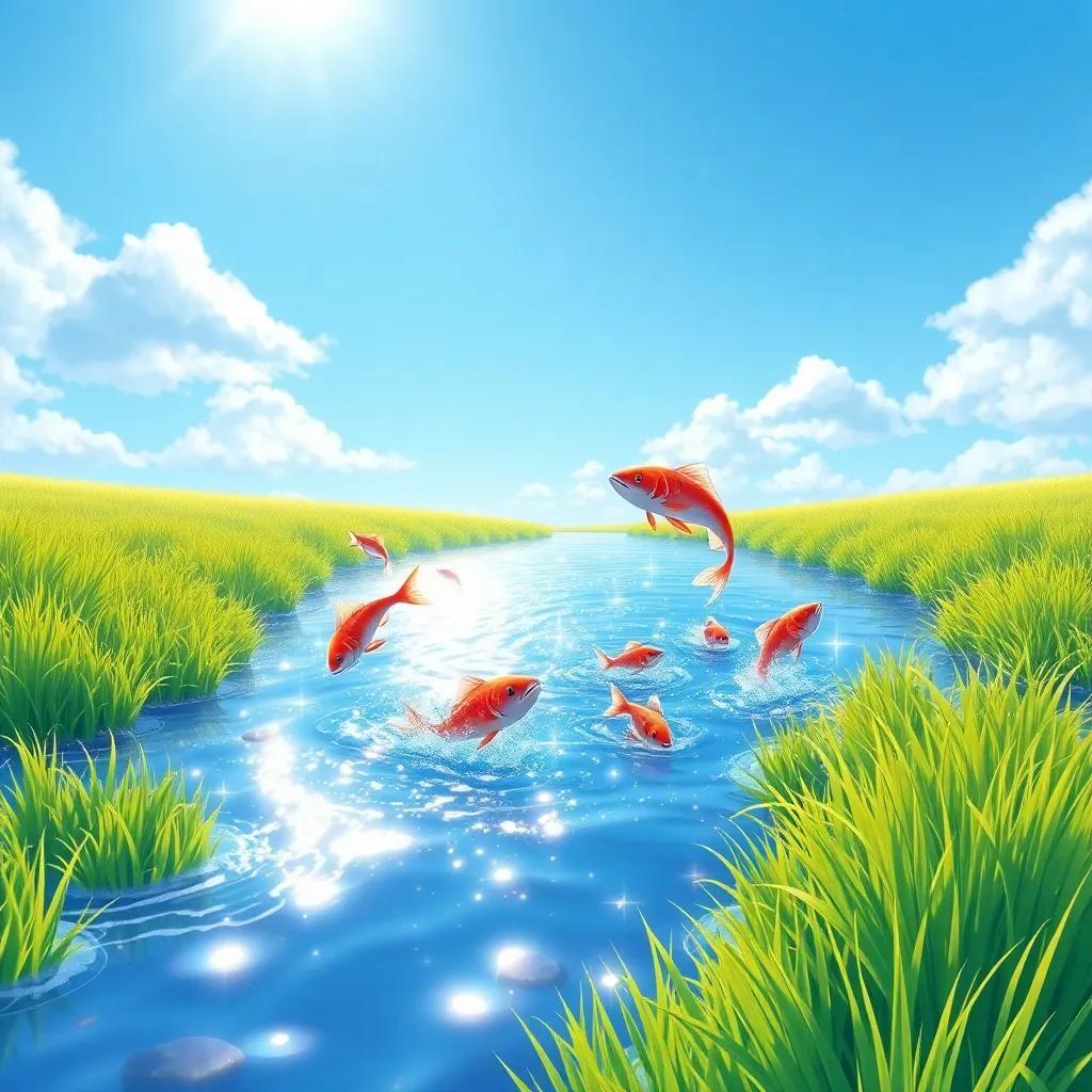 A sparkling river with fish jumping out of the water, reflecting the blue sky above, surrounded by green grass, joyful ambiance, illustration, colorful and uplifting