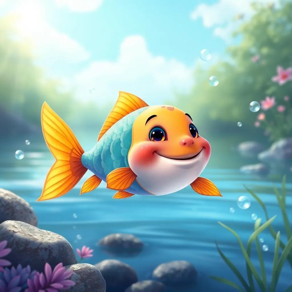 A cute fish swimming happily, speaking to the friends by the riverbank, full of life and energy, with bubbles rising, digital art, colorful and lively, engaging atmosphere