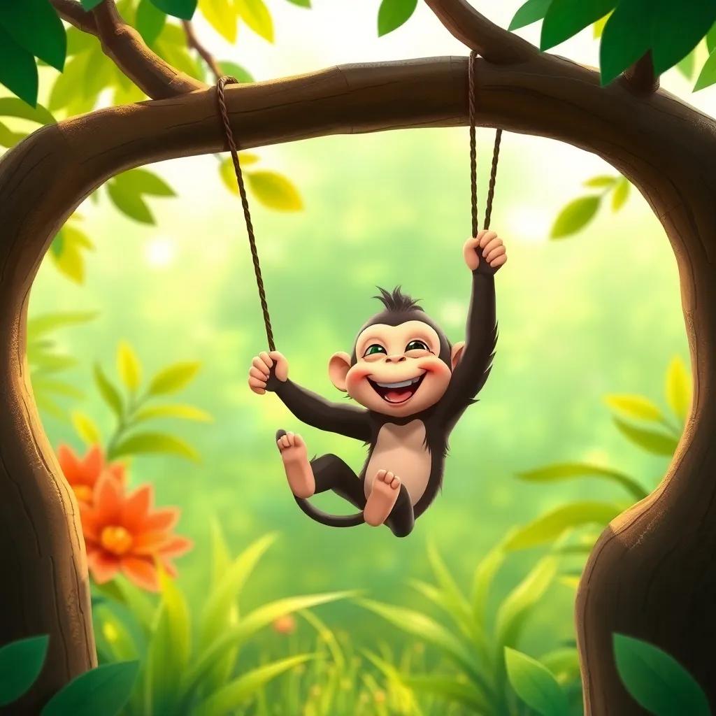 A small monkey named Qais, joyful and playful, swinging from tree branches in a vibrant green garden, digital art, cheerful colors, engaging and lively atmosphere, high quality