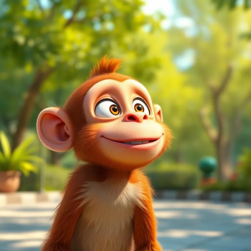 Qais the monkey looking excited toward his friend Qasim, a playful monkey with bright eyes and a mischievous smile, in a sunny park, colorful, bright light, cheerful, high quality