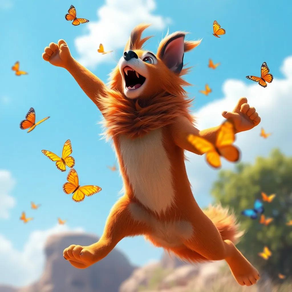 Qais jumping high into the air, wind blowing through his fur, with colorful butterflies fluttering around him, sunny day, joyful energy, vivid colors, high detail