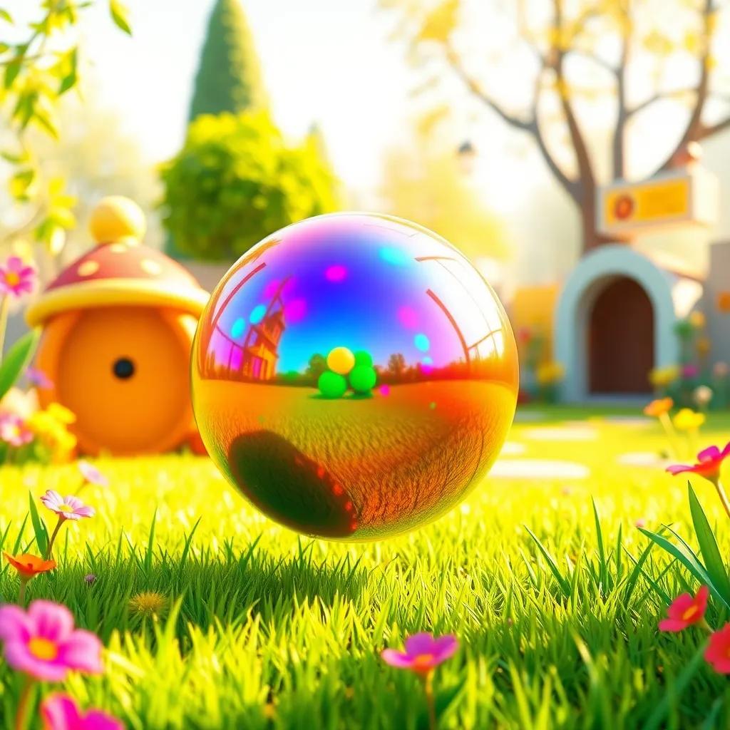 A colorful shiny ball bouncing near Qais and Qasim, surrounded by grass and flowers in a playful garden, bright and inviting atmosphere, cheerful and fun, high quality
