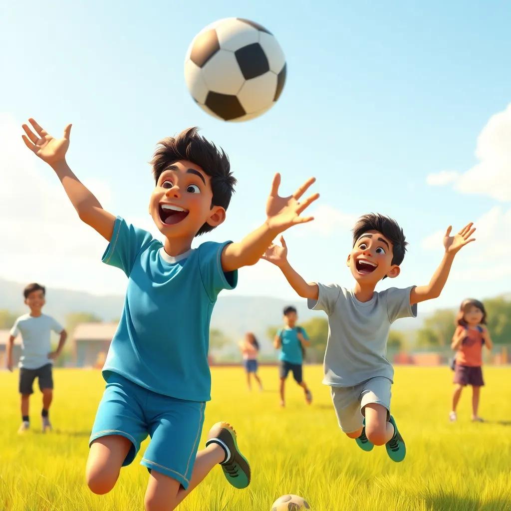 Qais and Qasim excitedly throwing the ball, with expressions of joy and laughter, while other friends cheer them on in a sunny field, vibrant, lively colors, high detail