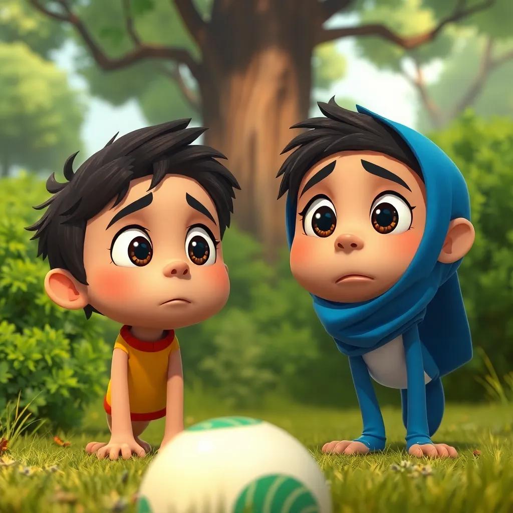 A close-up of Qais and Qasim looking worriedly around for the lost ball, with trees and bushes in the background, concerned expressions, detailed, high quality