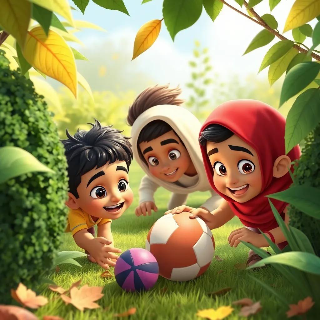 Qais, Qasim and friends searching for the ball in a playful manner, looking behind bushes and under leaves, with determined expressions, colorful garden scene, joyful energy, high quality