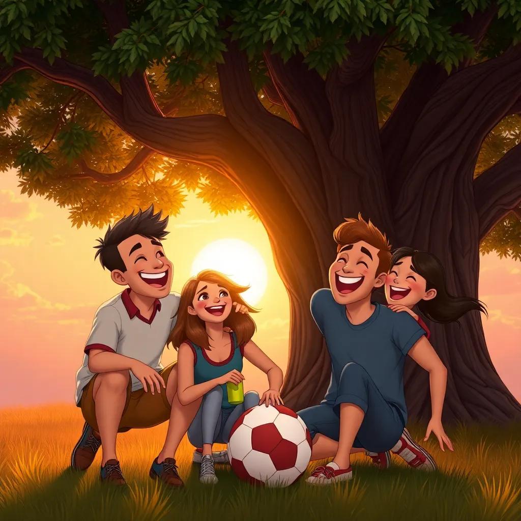 The friends joyfully celebrating after finding the ball, with big smiles and laughter, under a large tree with a beautiful sunset in the background, warm colors, heartwarming scene, high detail