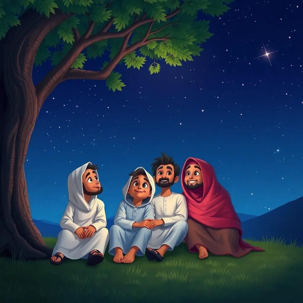 Qais, Qasim and friends sitting together under the tree, looking at the stars and smiling, with a cozy feeling, night sky filled with stars, peaceful and magical atmosphere, high quality