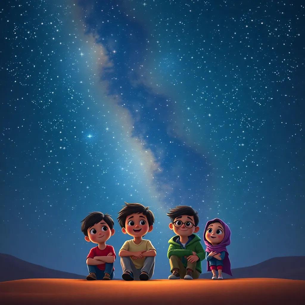 A beautiful starry sky with twinkling stars above Qais and his friends, portraying a night full of dreams and laughter, magical and vivid, high quality