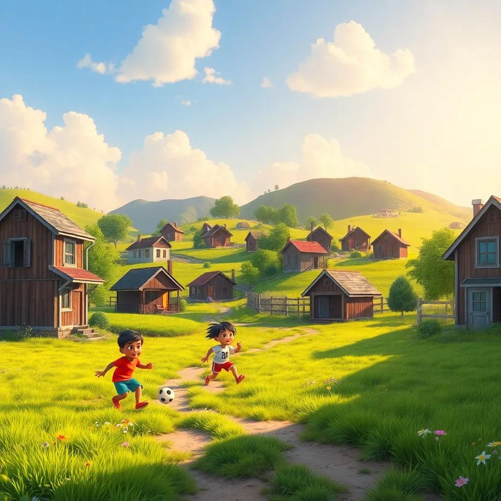 A small village with green fields, children playing football, sunny day, cheerful atmosphere, digital art, vibrant colors, friendly perspective, high quality