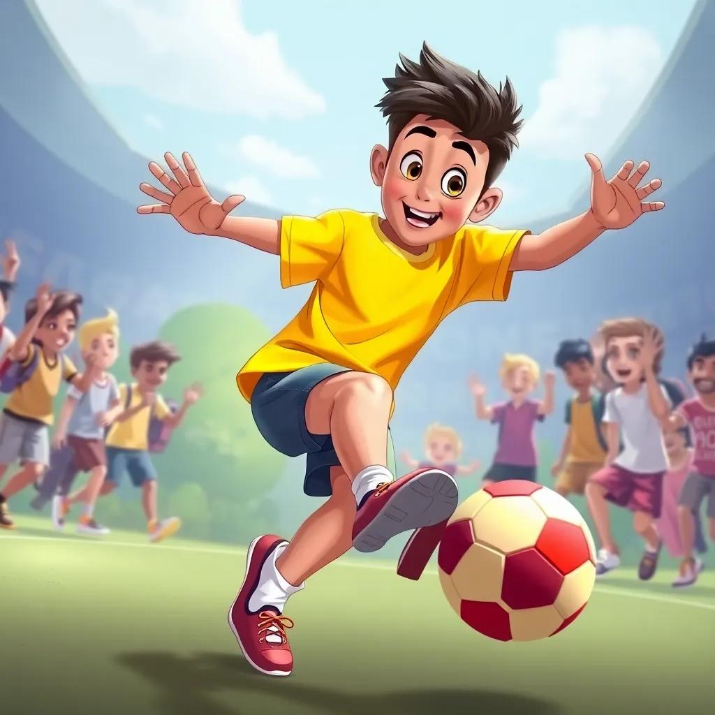 A boy named Qasim, with short hair and a bright t-shirt, kicking a colorful ball, surrounded by cheering friends, dynamic pose, energetic feel, illustration, fun and happy