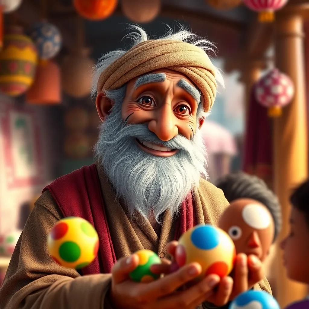 An old merchant named Abu Said, with a beard and a welcoming smile, showing colorful balls to children, market setting, lively and colorful atmosphere, digital art, engaging detail