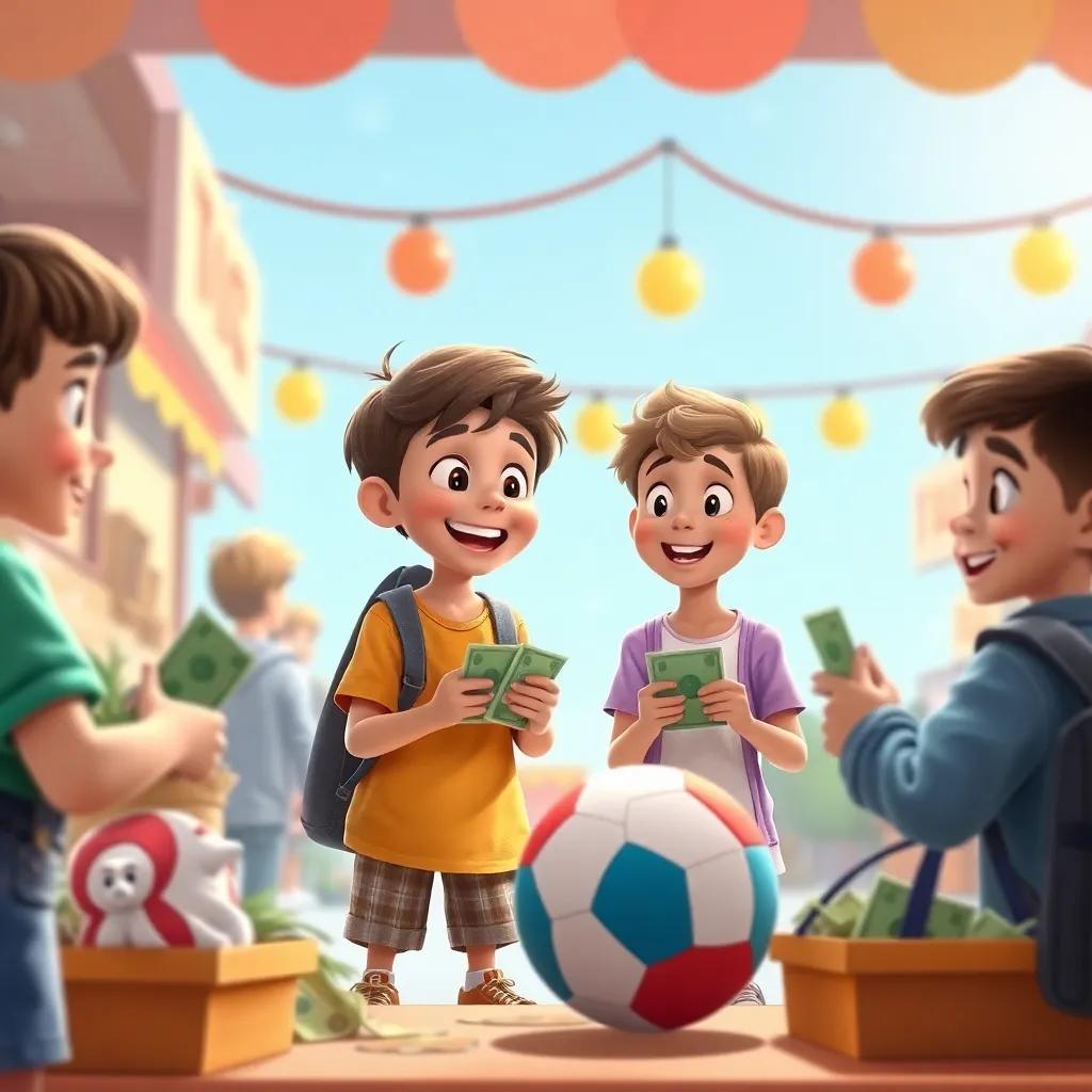 Children counting their money excitedly to buy a new ball, expressions of joy and anticipation, bright and colorful marketplace, cheerful and lively scene, art style, friendly
